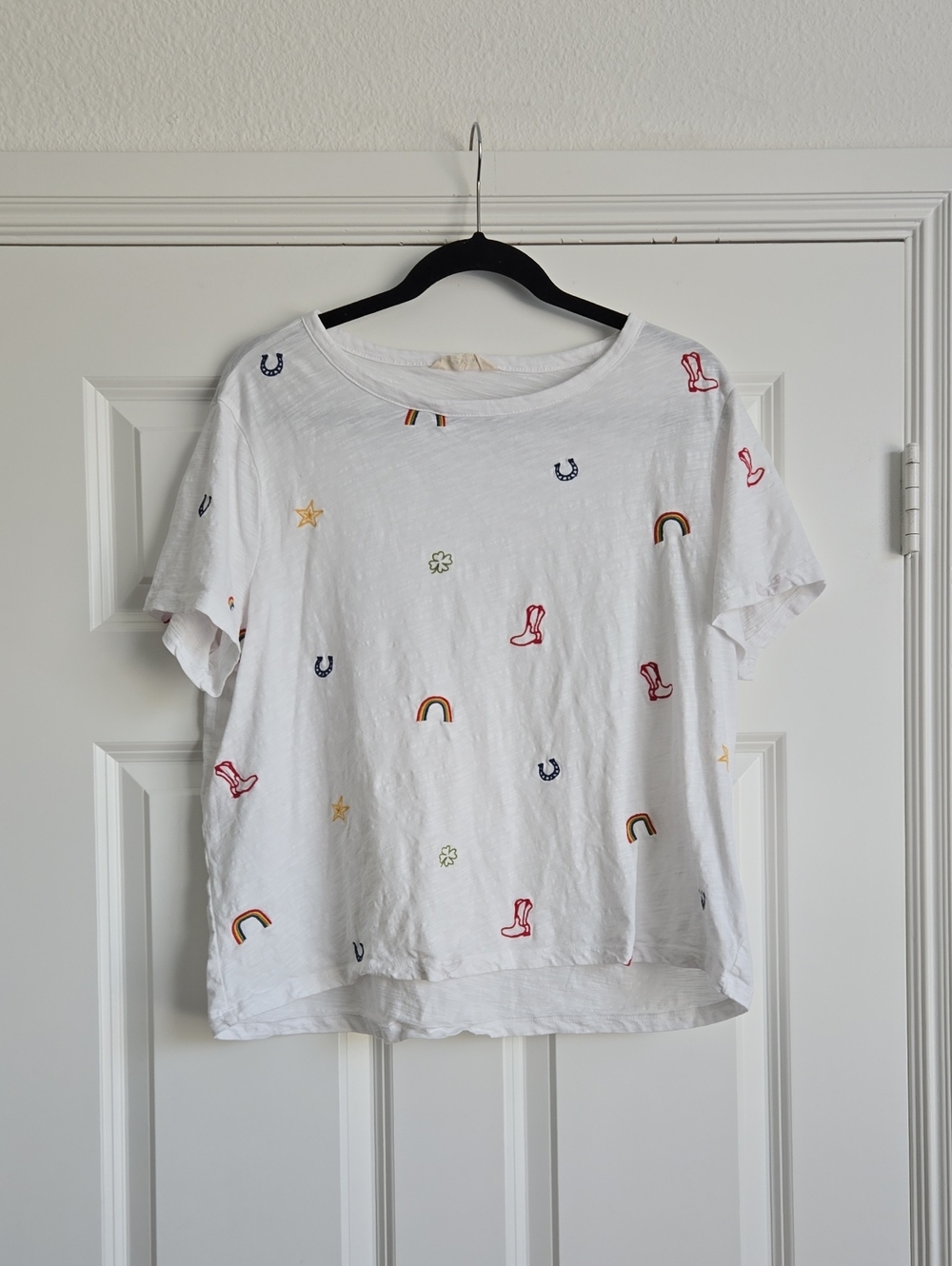 Lucky Brand White Tee with Small Rainbow Stitching